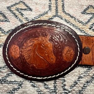 Vintage Hand Tooled Leather Horse Belt Buckle Detailed Horse Designed Belt Sz 36